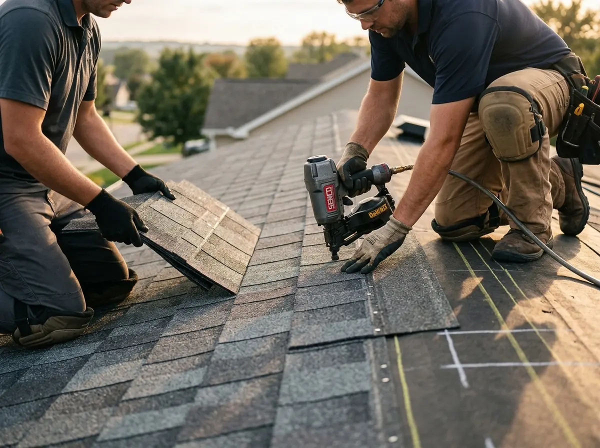 Professional roofer working on a residential roof in Galliano